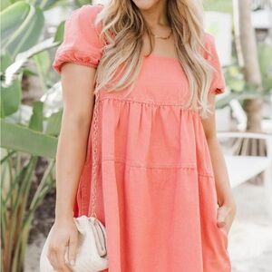 Coral Puff Sleeve Dress